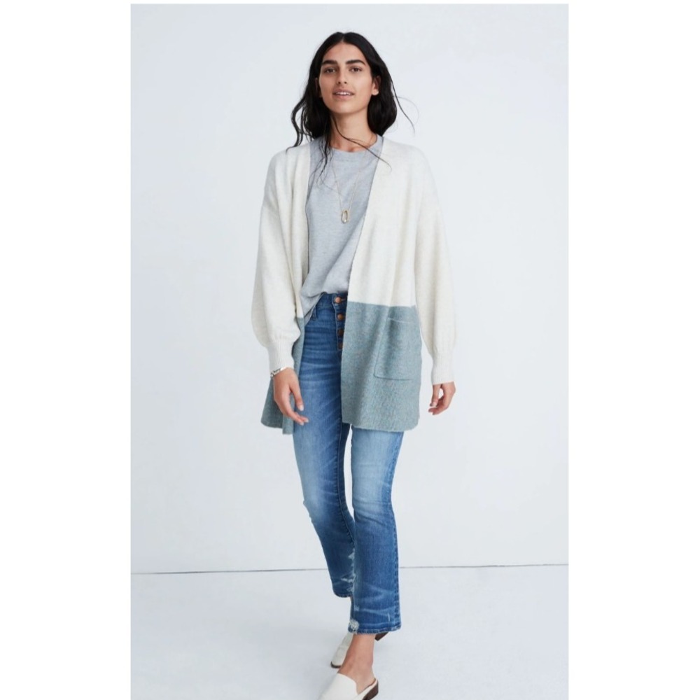 Madewell Kent Cardigan Sweater Alpaca Wool Ivory‎ Green Pockets Longline Size Sm